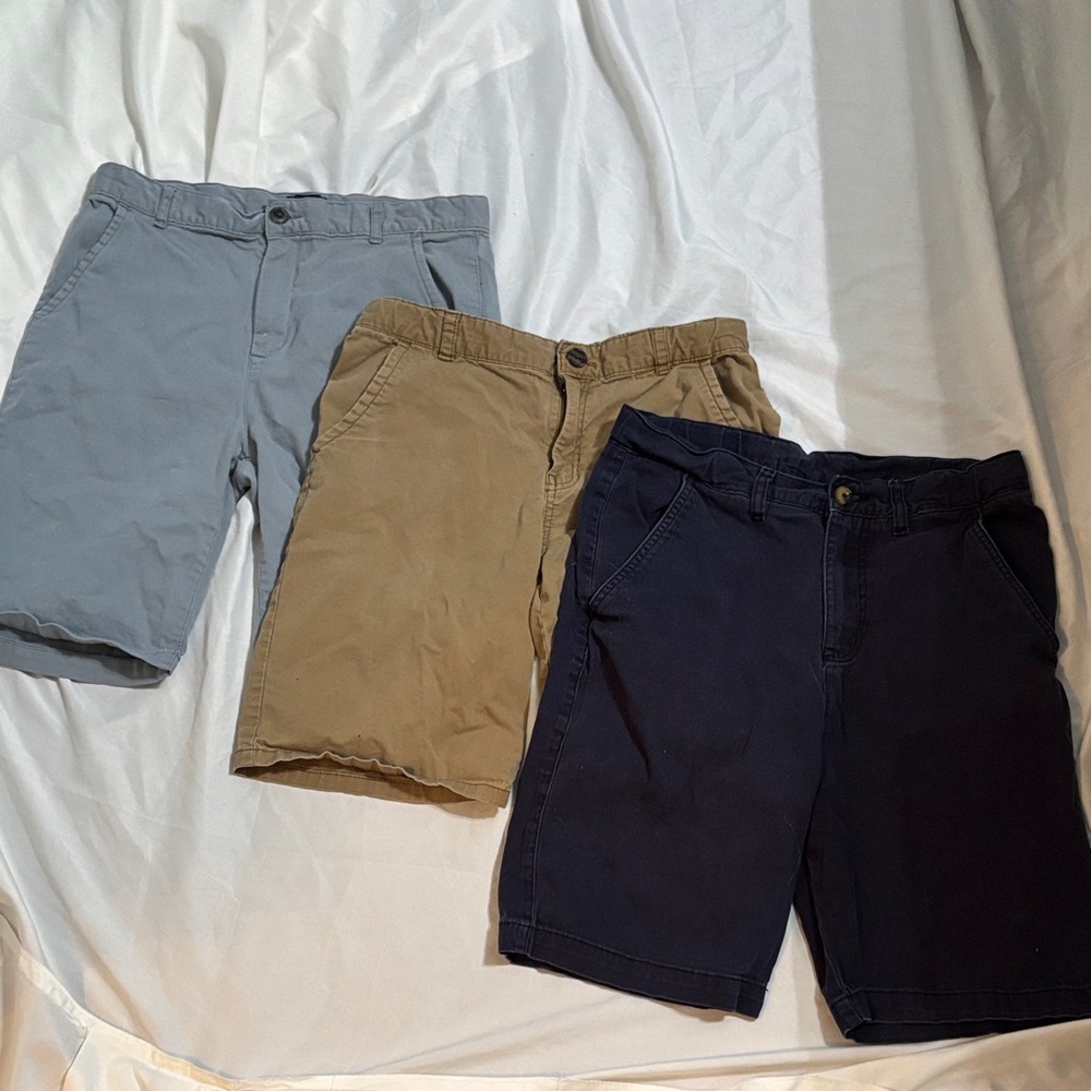 3 Pair Boys Size 16 Casual Shorts - Blue Gray, Tan, and Navy